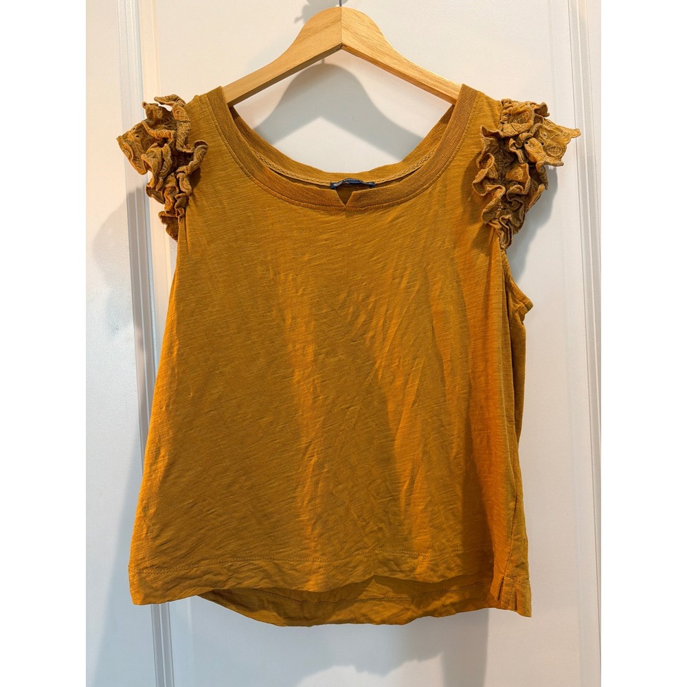 Democracy Mustard Yellow Eyelet Lace Ruffle Sleeve Cotton Modal Top Medium